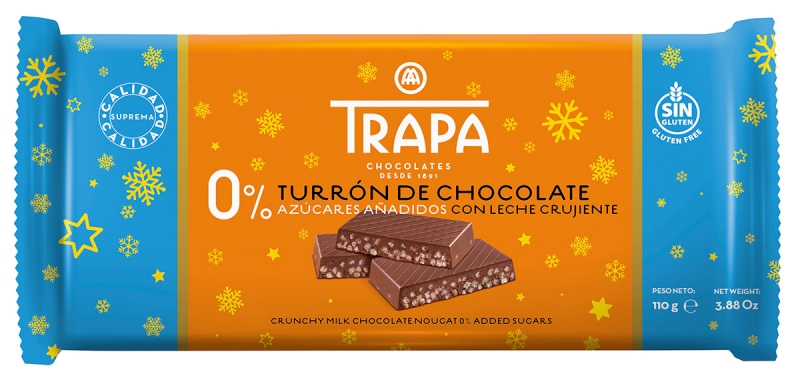 Turrón de chocolate 0% azúcares añadidos con leche crujiente