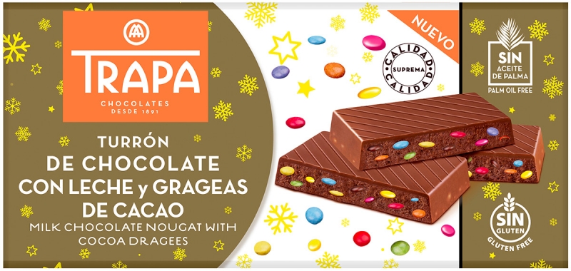 Turrón de chocolate con leche con grageas de cacao